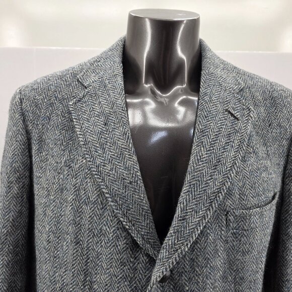 Jos A Bank Mens Harris Tweed Blue Gray Herringbone Unstructured Sports Coat 44 - Picture 2 of 10